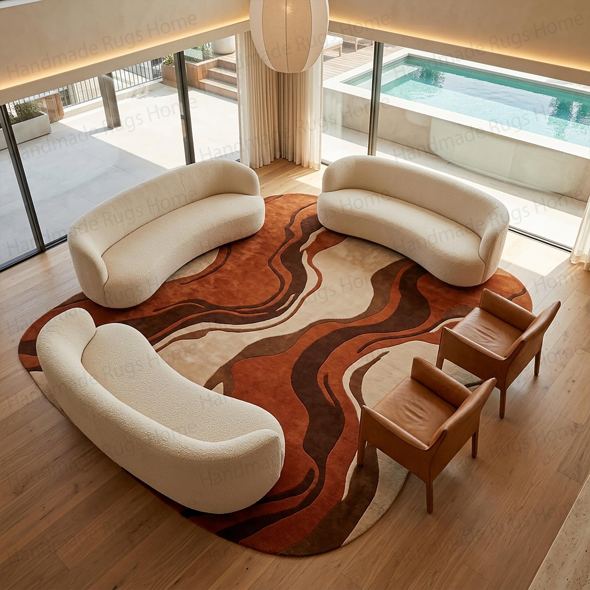 Wavy lines pattern rug

Desert colored interior design

Eclectic bohemian area carpet

Unique architectural rug shapes

Deep chocolate brown carpet

Modern minimalist soft furnishings

Luxury tufted wool rug

Kid-friendly soft play rug

Neutral beige wavy decor

Trending Instagram home accessories

Artisan crafted floor textile

Non-rectangular aesthetic rug

High-quality colorful tufting