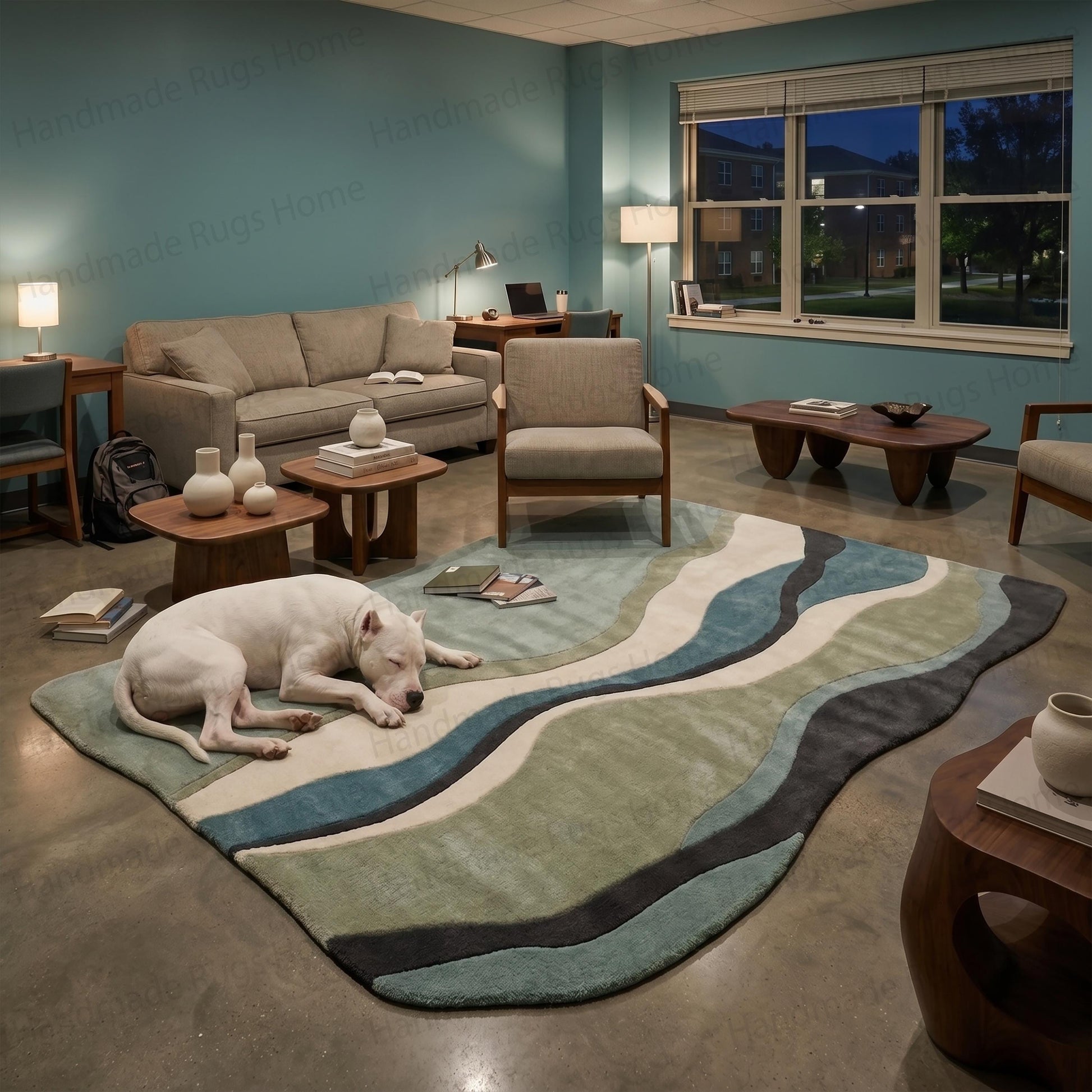 Calming serene aesthetic provided by blue-green wavy carpeting

Sturdy long-lasting material suited for high traffic household zones

Beautiful nighttime ambiance highlighting textured floor design
