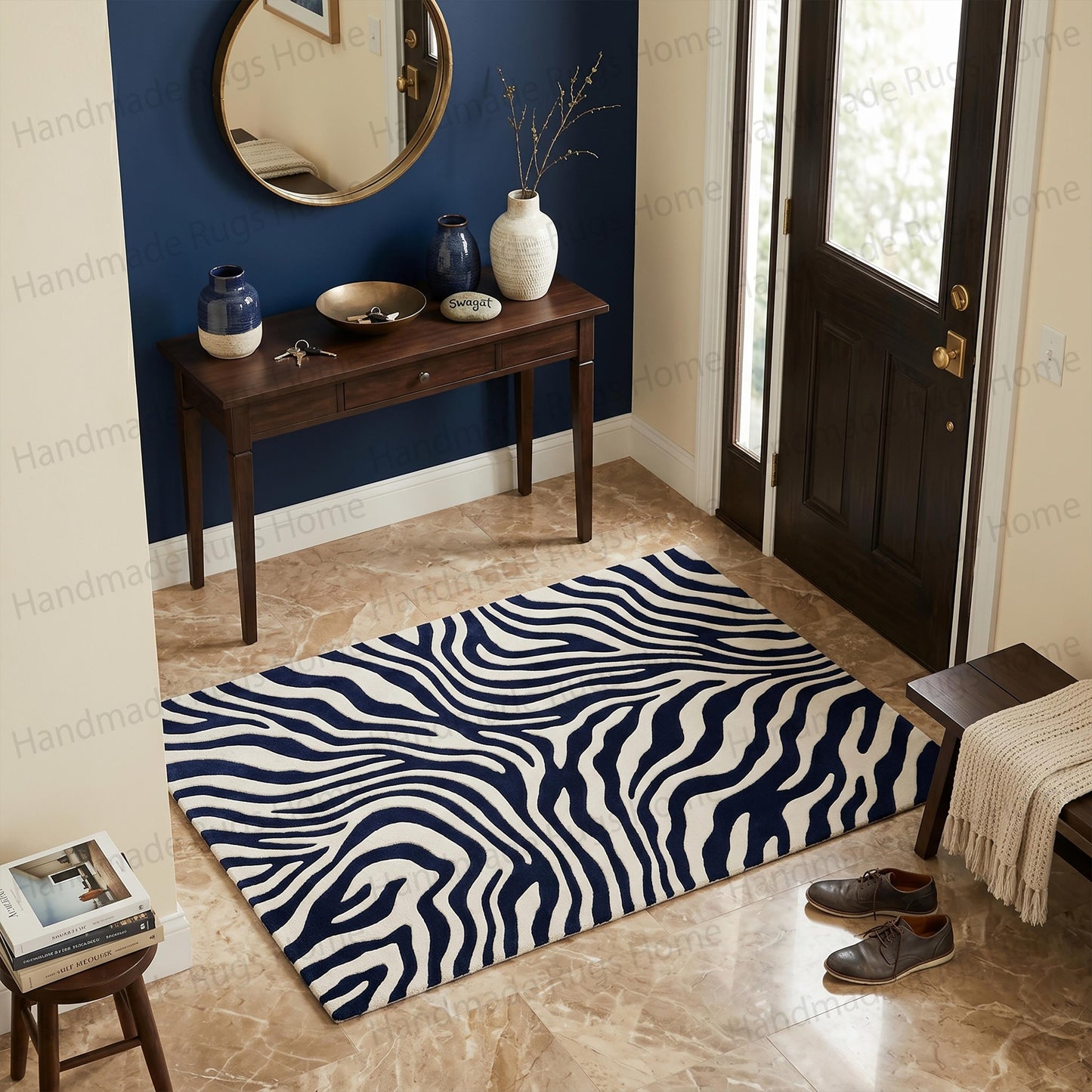 Sophisticated hand-made wool textile design.

Eye-catching contemporary living space anchor.

Unique artisan crafted room decoration.

Beautifully woven durable home styling accent.

Deep sapphire and pale cream striped flooring.

Premium quality hand-finished decorative piece.

Striking visual contrast abstract animal pattern mat.

Stylish modern home improvement accessory.