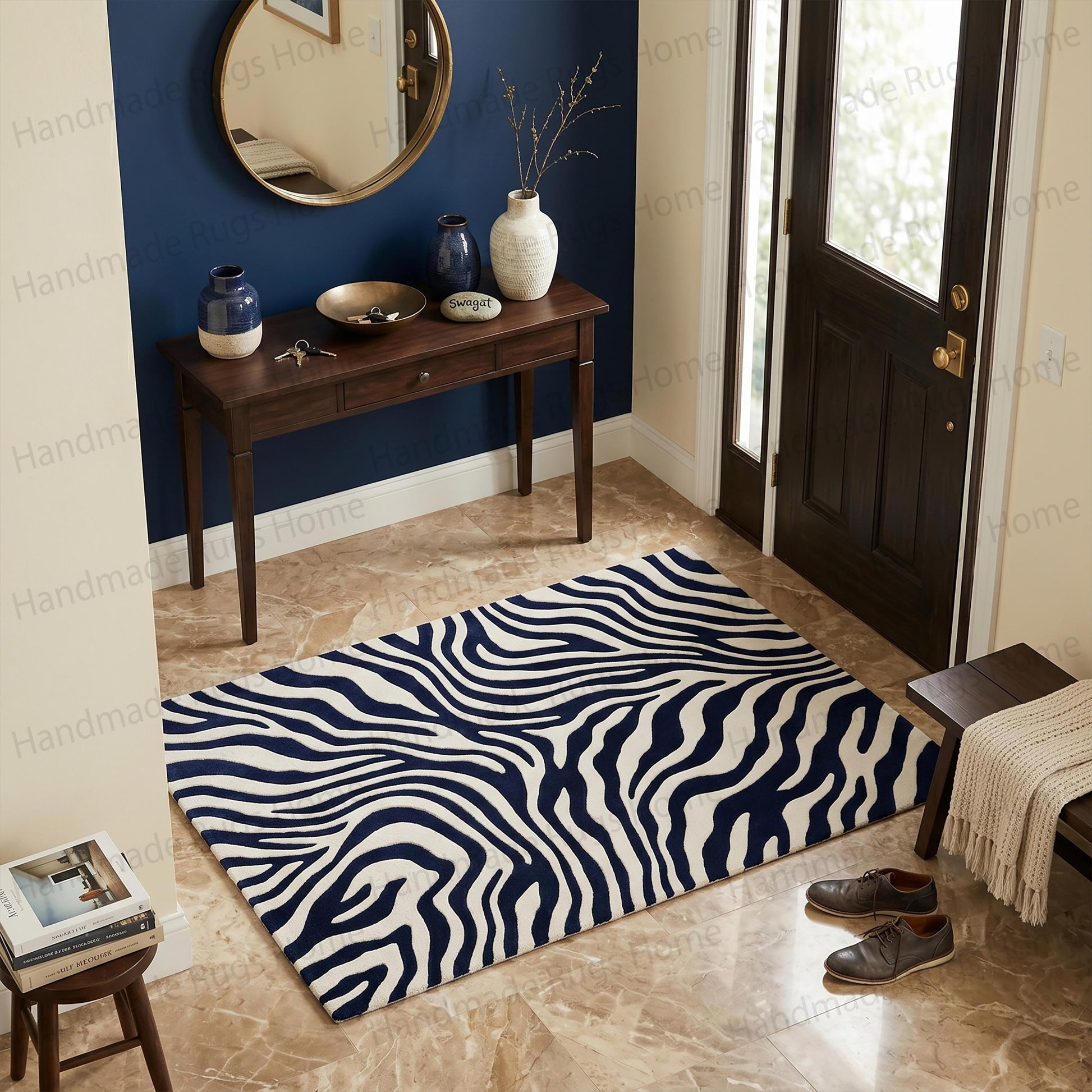 Sophisticated hand-made wool textile design.

Eye-catching contemporary living space anchor.

Unique artisan crafted room decoration.

Beautifully woven durable home styling accent.

Deep sapphire and pale cream striped flooring.

Premium quality hand-finished decorative piece.

Striking visual contrast abstract animal pattern mat.

Stylish modern home improvement accessory.
