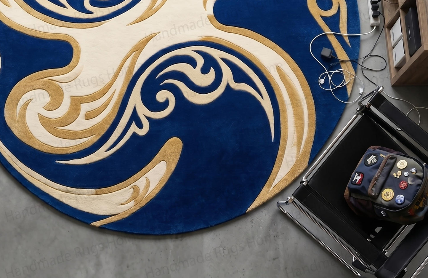 Hand-Tufted Wool Rug: Oceanic Swirl Abstract Round Design – Modern Luxury Home Décor