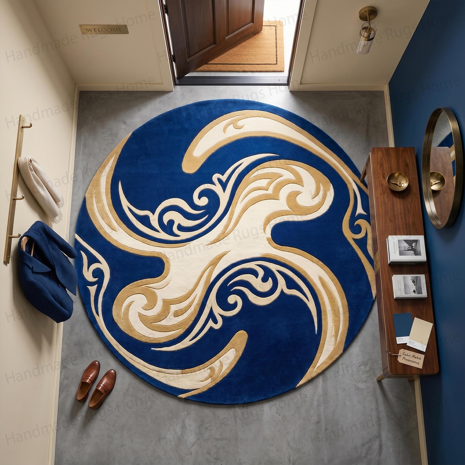 Playroom corner decorated with wooden toys and a cozy patterned mat

Trendy abstract circular textile underneath a sleeping pet

Elegant home interior featuring an artisan crafted wave design rug

Navy blue and golden yellow round tufted wool rug

Living space featuring a dynamic swirling contemporary floor decor

High quality thick pile round rug in a minimalist concrete room

Modern aesthetic home showcasing a large blue accent piece

Artistic circular carpet with sweeping organic shapes
