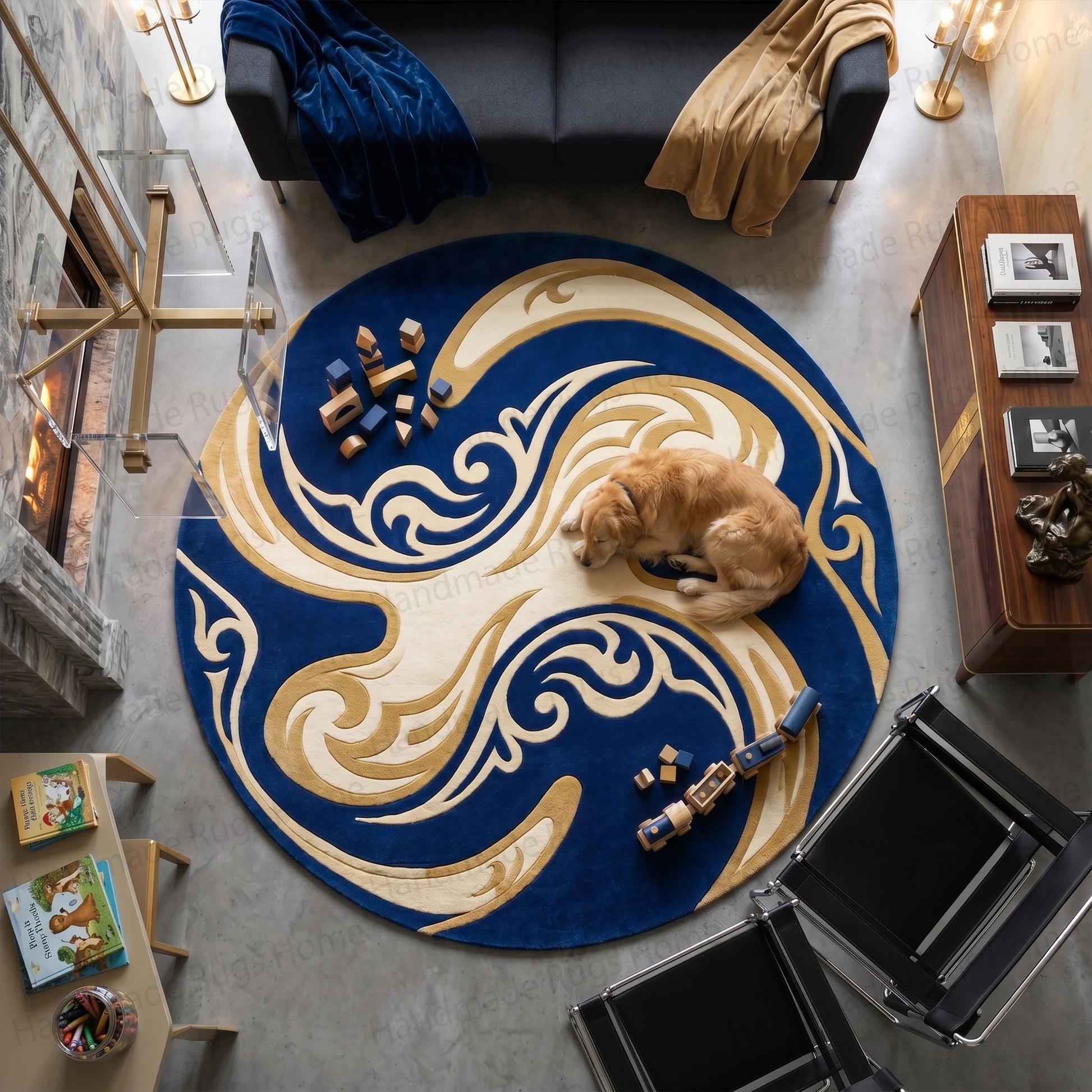 Round hand tufted wool rug with blue and gold abstract swirl design

Deep navy and cream circular carpet in a modern living room setting

Contemporary fluid pattern floor covering featuring warm beige accents

Golden retriever dog sleeping peacefully on a plush modern area rug

Overhead view of a stylish lounge showing a distinct swirling art piece on the floor

Luxury royal blue circular floor mat with ivory flowing lines

Handcrafted modern carpet adding aesthetic value to a concrete floor