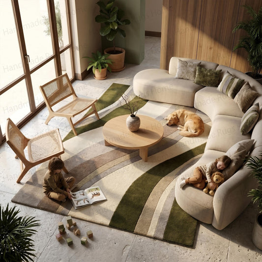 Abstract wavy pattern hand tufted wool rug in green and beige

Mid century modern living room setup with earthy tone area rug

Plush olive and cream sweeping lines floor covering

Children playing on a soft contemporary geometric tufted carpet

Golden retriever sleeping on an organic shaped modern rug

Curved sofa surrounding a beautiful nature inspired textile

Close up detail of high pile custom tufted wool threads