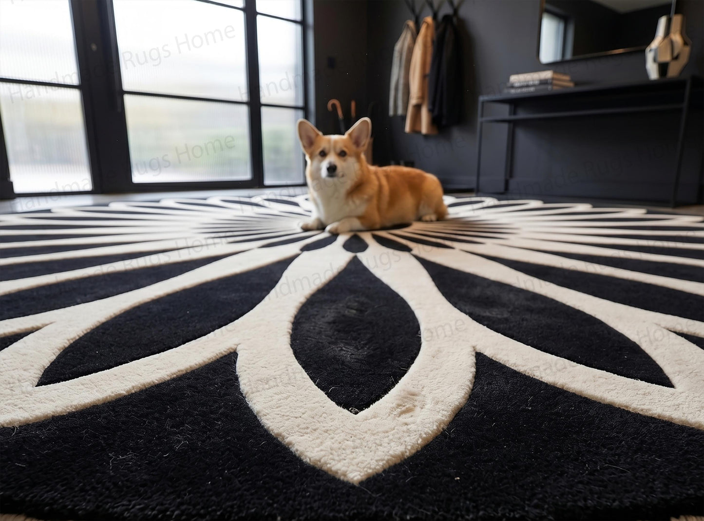 Contemporary monochromatic home styling featuring artisan goods

Modern bohemian round mat with distinct petal illustrations

Elegant entrance hallway decorated with striking circular carpet

Thick yarn construction visible on handmade dark area rug

Cozy dorm room setup elevated by premium patterned flooring

Flat lay photography of modern black and white mandala rug