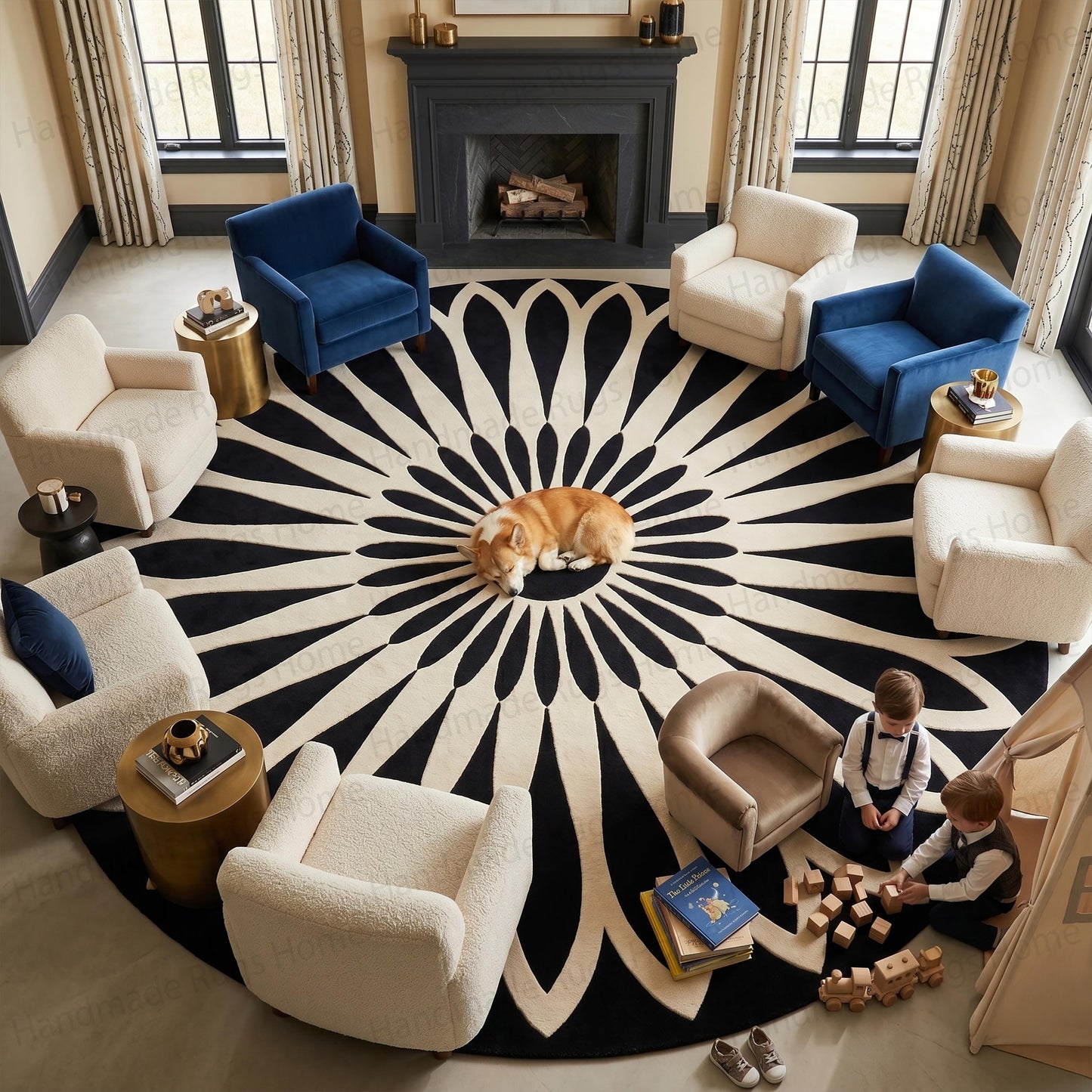 Round black and cream hand-tufted wool rug with sunburst design

Circular geometric floral carpet in dark modern entryway setting

Thick pile monochrome mandala rug resting on concrete floor

Luxury living room anchored by bold contrasting round carpet

Top view of artisan crafted sunburst motif premium rug

Minimalist home decor featuring contemporary dark flooring art

Handcrafted ivory lotus pattern over midnight black background
