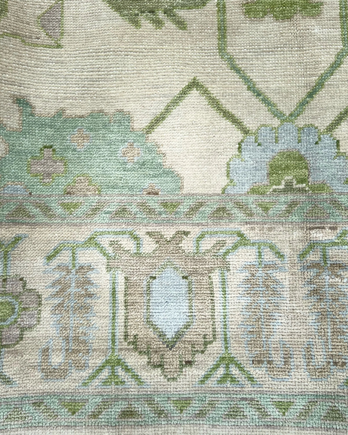 Ivory & Sage Modern Oushak Rug – Blue Green Floral Geometric 12x15 Area Rug