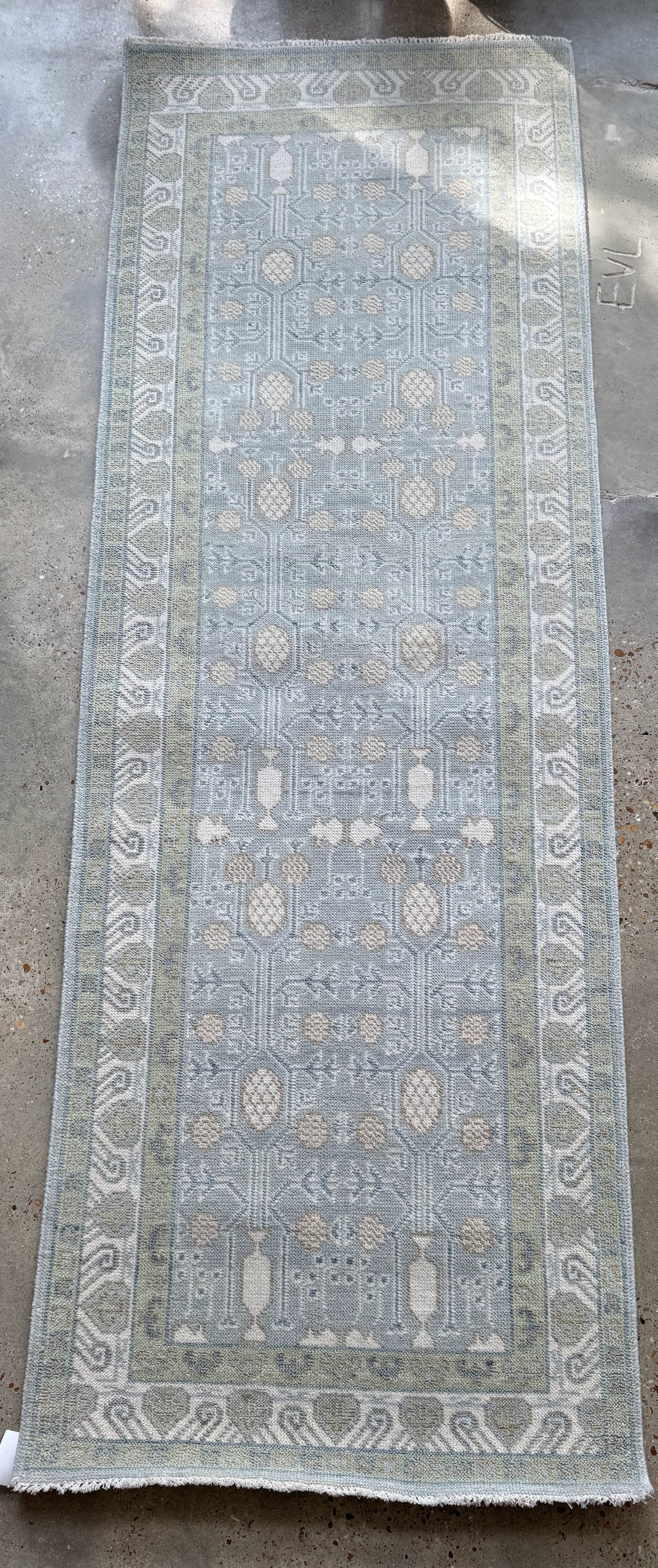 Blue & Sage Modern Oushak Runner Rug – Ivory Floral Geometric 3x12 Area Rug