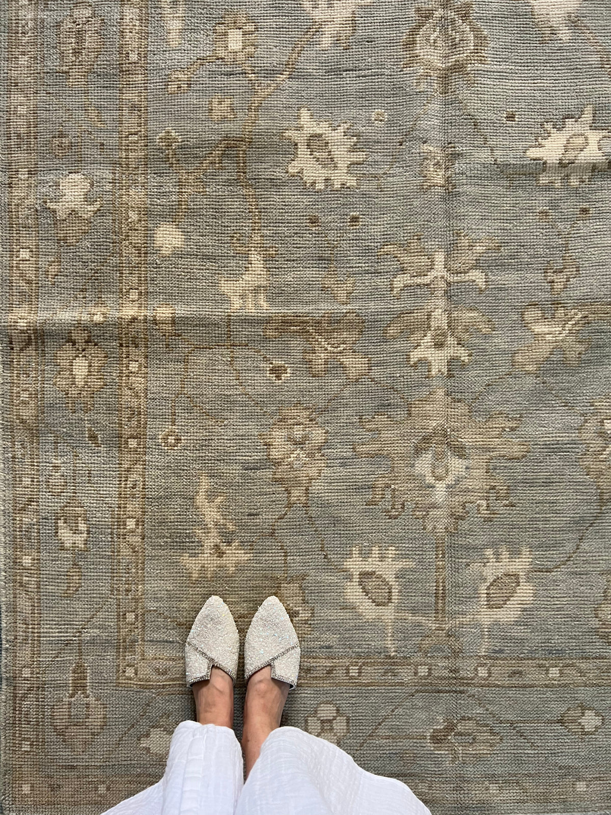 Dusty Blue & Ivory Modern Oushak Rug – Floral Geometric Designer Area Rug