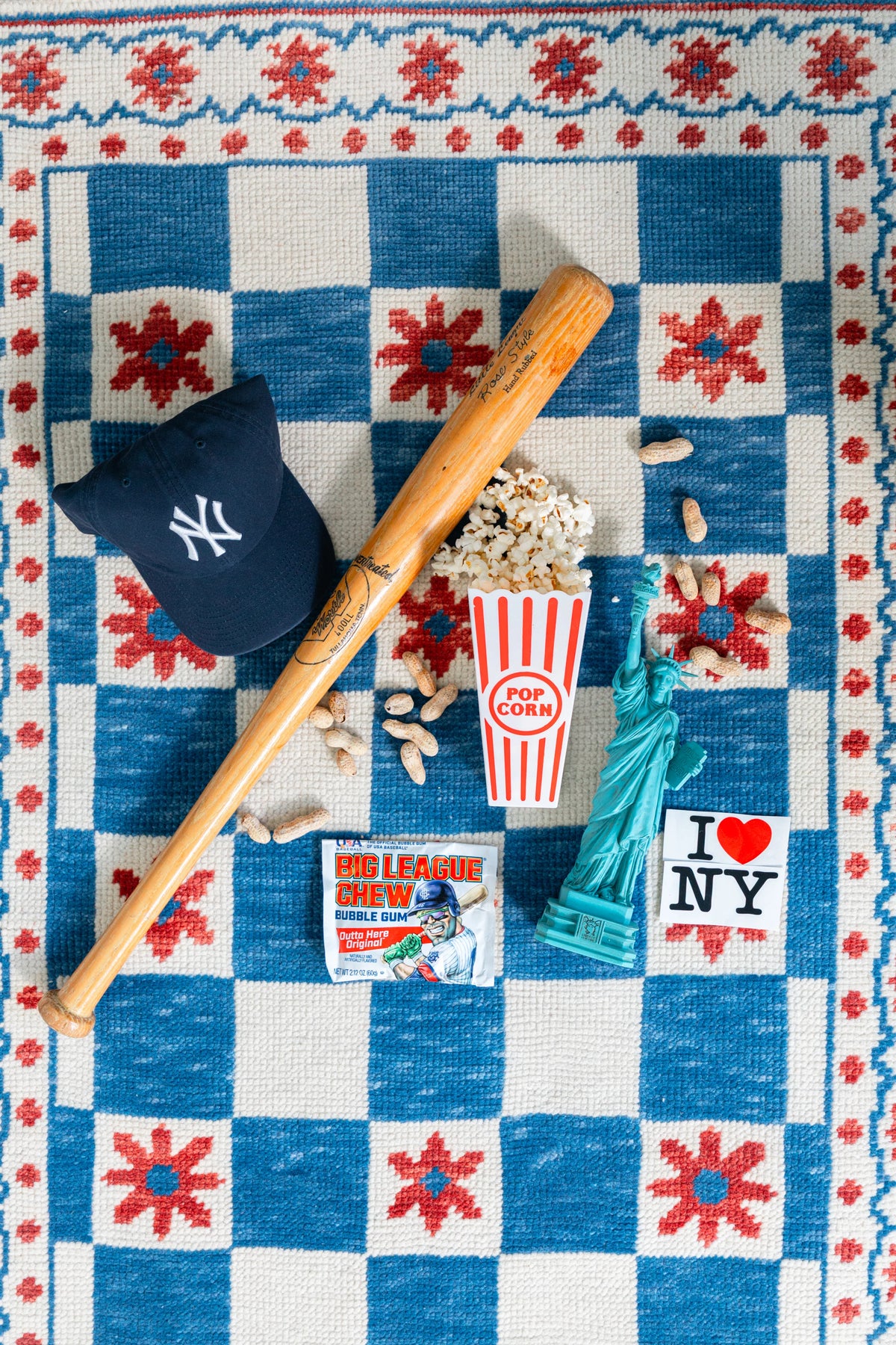 Blue red and ivory Modern Oushak checkerboard area rug styled with Americana-inspired decor
