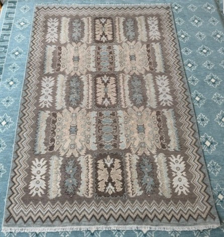 Brown & Blue Modern Oushak Rug – Ivory Geometric Tribal 9x12 Area Rug