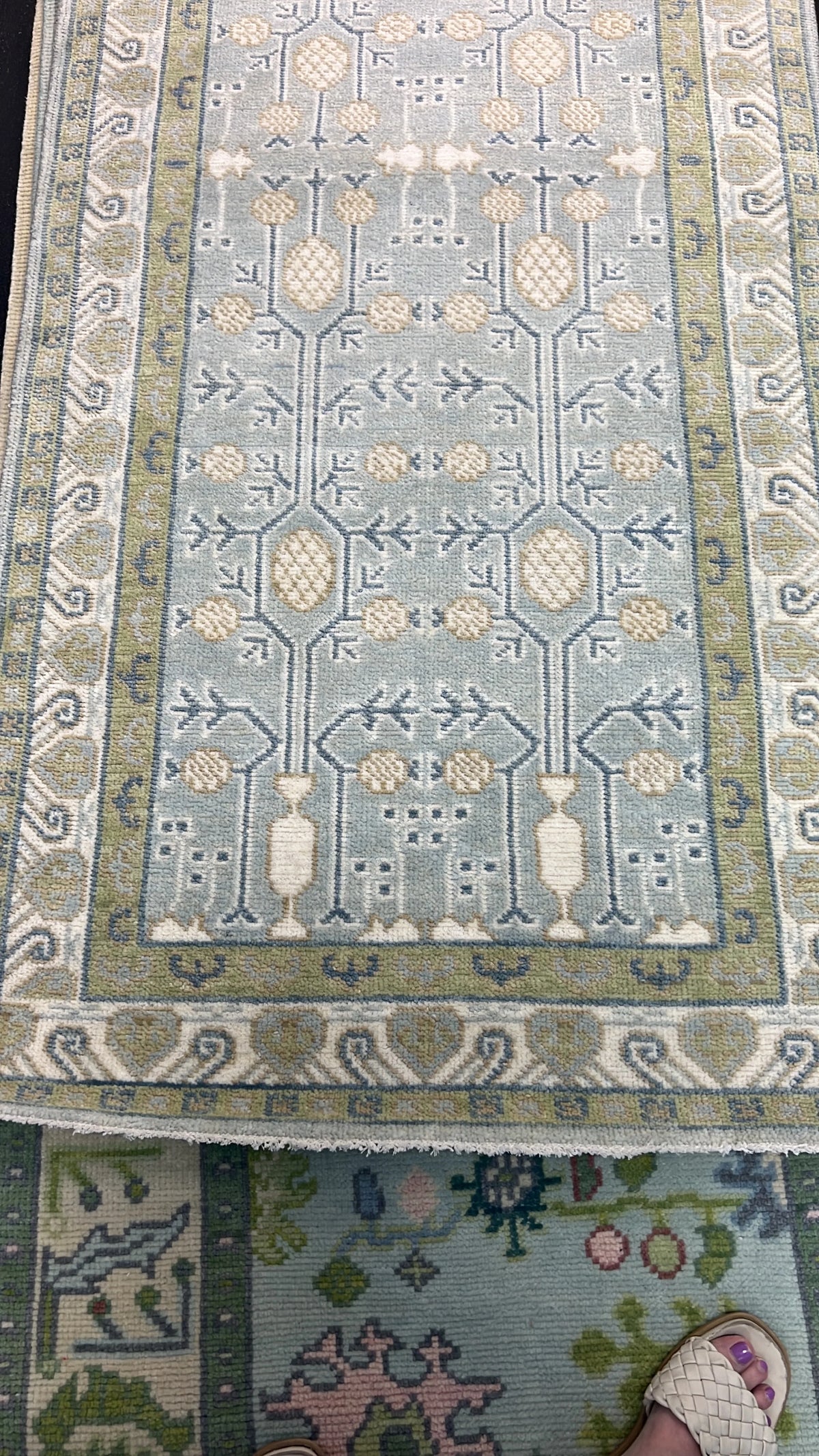 Blue & Sage Modern Oushak Runner Rug – Ivory Floral Geometric 3x9 Area Rug
