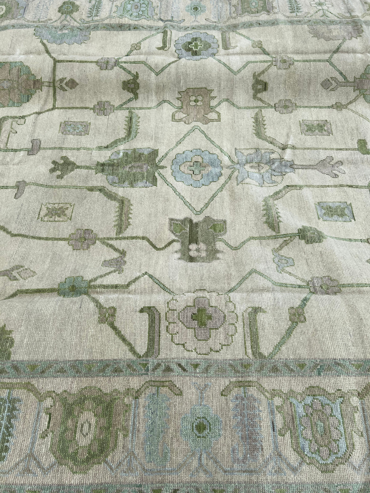 Ivory & Sage Modern Oushak Rug – Blue Green Floral Geometric 12x15 Area Rug