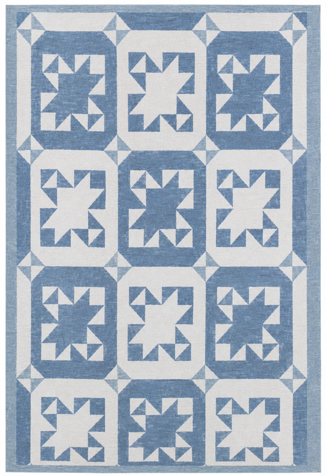 Blue and ivory Modern Oushak geometric star area rug styled with a wooden rocking chair