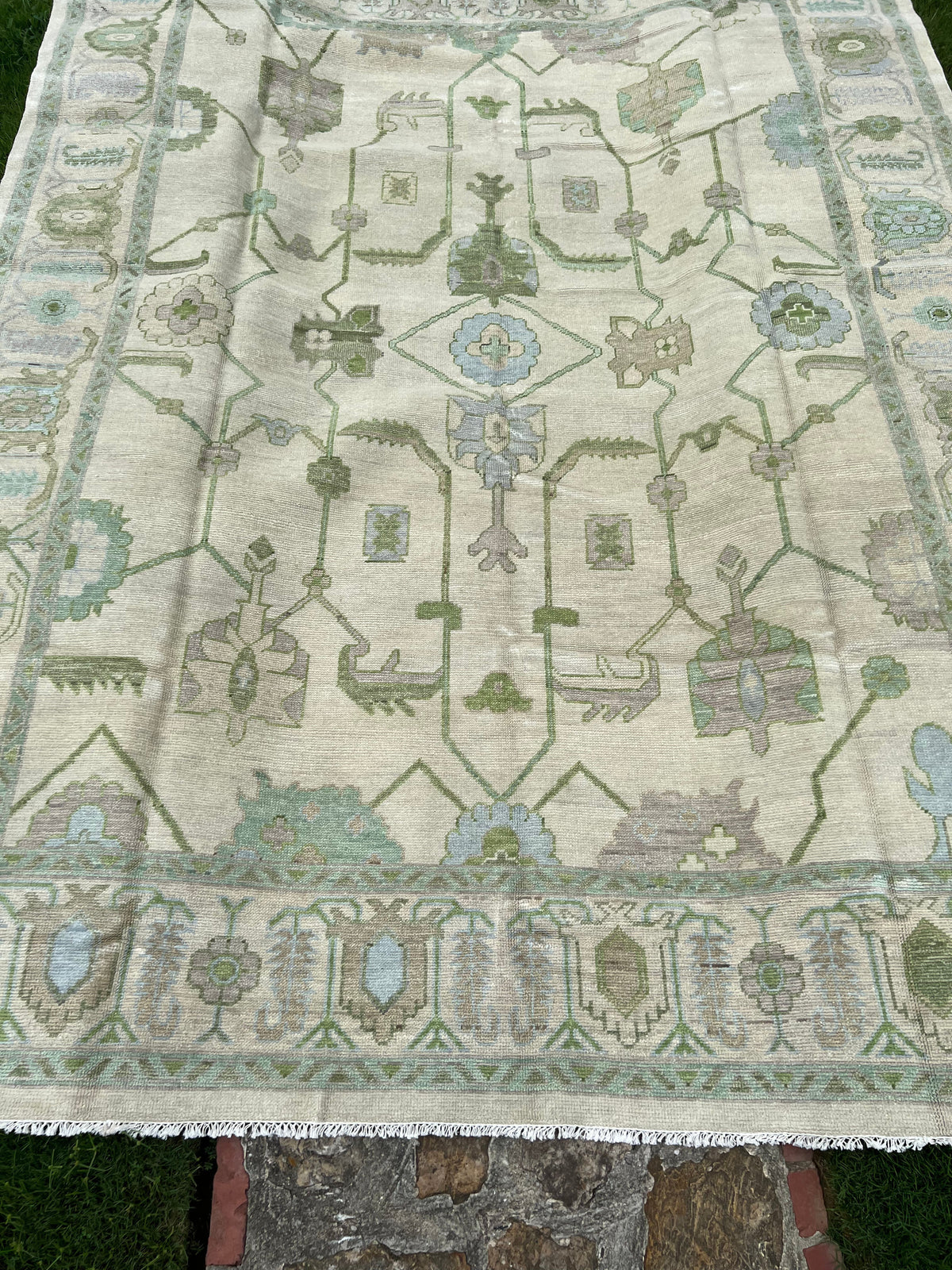 Ivory & Sage Modern Oushak Rug – Blue Green Floral Geometric 12x15 Area Rug