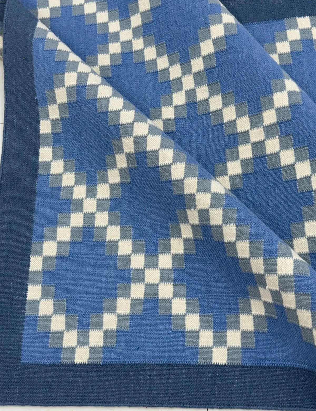 Denim Blue & Ivory Geometric Flatweave Rug – Coastal Designer Area Rug