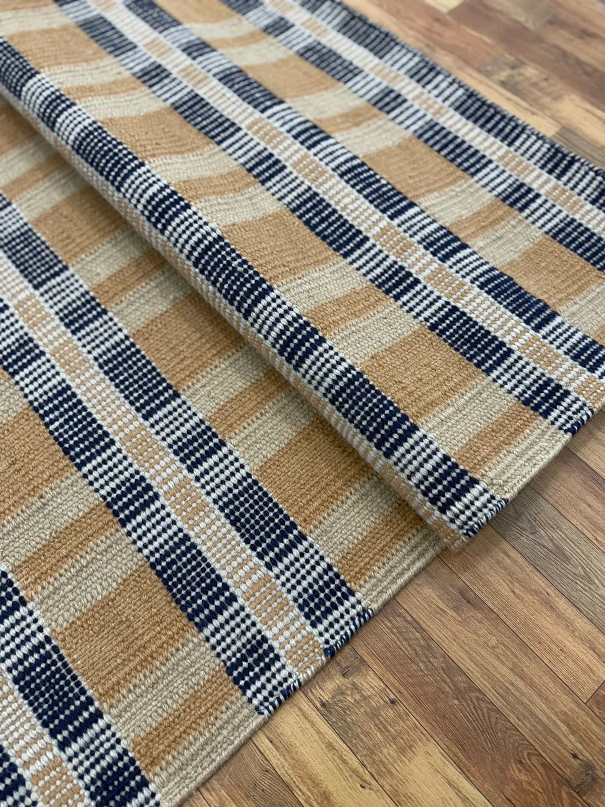 Camel & Navy Flatweave Rug – Beige, Ivory & Blue Plaid Geometric Area Rug