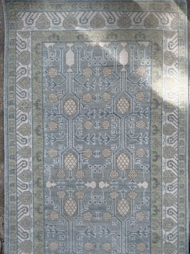 Blue & Sage Modern Oushak Runner Rug – Ivory Floral Geometric 3x12 Area Rug